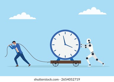 Ilustração vetorial de um homem de negócios puxando um grande relógio em um carrinho com uma corda, enquanto um robô o auxilia, simbolizando o trabalho em equipe entre os humanos e o ar para gerenciar o tempo de forma eficiente
