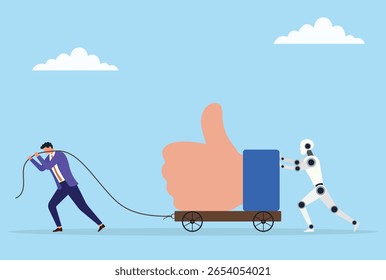 Ilustração vetorial de um homem de negócios puxando um grande ícone em um carrinho com uma corda, assistido por um robô, representando o trabalho em equipe entre os humanos e a IA para impulsionar o sucesso das mídias sociais
