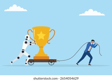 Vector illustration of a businessman pulling a large trophy on a trolley with a rope, aided by a robot pushing from behind, symbolizing human and AI collaboration driving success
