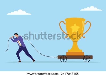 Vector illustration of a businessman pulling a large trophy on a trolley with a rope, symbolizing the hard work, determination, and persistence required to achieve success and recognition
