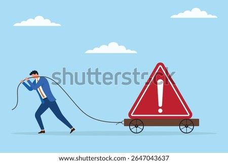 Vector illustration of a businessman pulling a large warning icon on a trolley with a rope, representing the weight of risk, caution, and challenges in business decision making
