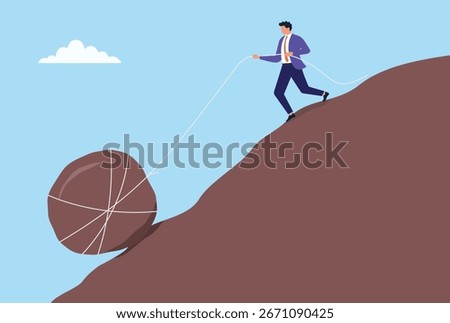 Vector illustration of a businessman pulling a large stone up a hill with a rope, symbolizing effort, persistence, hard work, determination, and overcoming challenges
