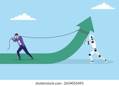 Vector illustration of a businessman pulling a rising path with a rope, assisted by a robot pushing from behind, representing collaboration between human effort and AI driving growth
