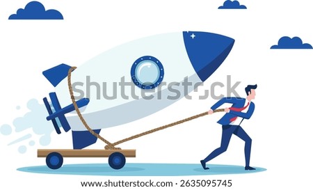 Vector illustration of a businessman pulling a rocket with a rope, symbolizing startup launch, motivation, business growth, and hard work. Depicts the concept of determination, effort, and pushing for