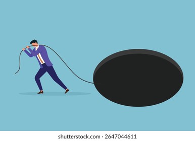 Ilustração vetorial de um homem de negócios puxando uma corda para um buraco escuro, simbolizando a luta com a incerteza, desafios invisíveis, ou esforço de investimento sem resultados claros
