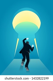 vector illustration of businessman push the border keyhole. describe break the limit. business concept illustration 