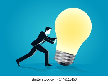vector illustration of a businessman push light bulb. describe think out of the box, open mind, and creative think. business concept illustration