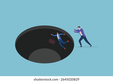 Ilustração vetorial de um homem de negócios empurrando outro homem de negócios para um buraco, representando rivalidade, traição e competição agressiva no mundo corporativo
