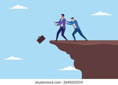 Ilustração vetorial de um empresário empurrando outro empresário para fora do topo de uma montanha, representando competição feroz, traição e lutas de poder no mundo corporativo

