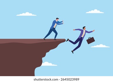 Ilustração vetorial de um empresário empurrando outro empresário para fora do topo de uma montanha, representando competição feroz, traição e lutas de poder no mundo corporativo
