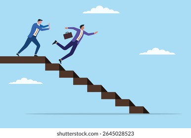 Ilustração vetorial de um homem de negócios empurrando outro homem de negócios das escadas, simbolizando traição, ambição e a dura realidade das lutas pelo poder corporativo
