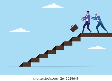 Ilustração vetorial de um homem de negócios empurrando outro homem de negócios das escadas, simbolizando traição, ambição e a dura realidade das lutas pelo poder corporativo
