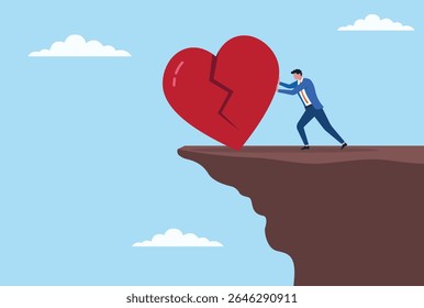 Vector illustration of a businessman pushing a breaking heart icon off the top of a mountain, symbolizing the release of emotional pain, resilience, and a fresh start toward healing and success
