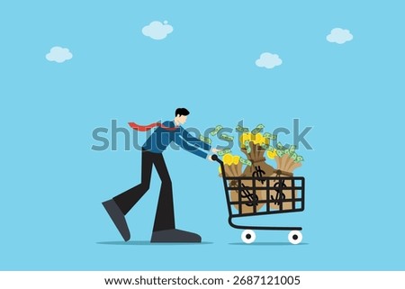 Vector illustration of a businessman pushing a cart filled with money and gold coins, symbolizing financial success, wealth management, and prosperity.