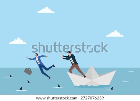 Vector illustration of a businessman pushing a competitor from a paper boat into water, symbolizing competition, rivalry, strategy, business tactics, and assertive leadership
