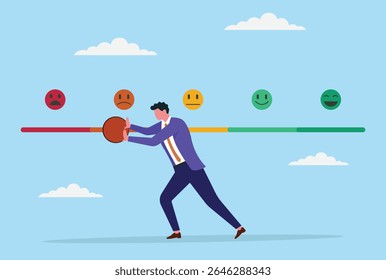 Vector illustration of a businessman pushing the feedback bar from positive to negative, symbolizing setbacks, negative feedback, and the impact of negative actions on business reputation and success
