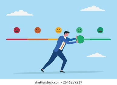 Vector illustration of a businessman pushing the feedback bar from negative to positive, symbolizing persistence, hard work, and the drive to improve business reputation and achieve success
