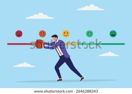 Vector illustration of a businessman pushing the feedback bar from positive to negative, symbolizing setbacks, negative feedback, and the impact of negative actions on business reputation and success
