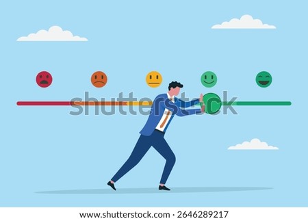Vector illustration of a businessman pushing the feedback bar from negative to positive, symbolizing persistence, hard work, and the drive to improve business reputation and achieve success
