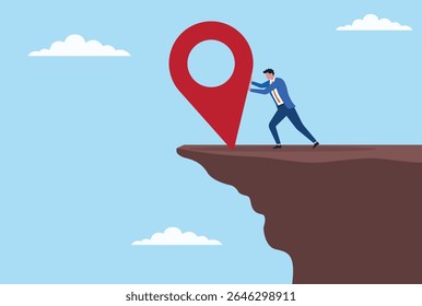 Vector illustration of a businessman pushing a location symbol off the top of a mountain, representing the struggle to reach goals, overcome obstacles, and redefine business direction
