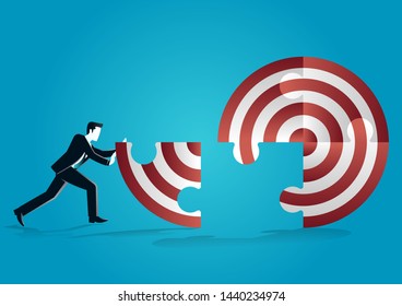 vector illustration of a businessman pushing a puzzle piece of target board. describe business target and strategy. business concept illustration
