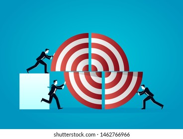 vector illustration of a businessman pushing a puzzle piece of target board. describe teamwork, solution, cooperation, target and strategy. business concept illustration