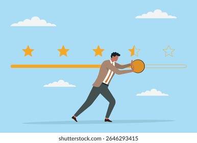 Vector illustration of a businessman pushing the review bar from bad to good, symbolizing effort, improvement, and determination to enhance performance and customer satisfaction
