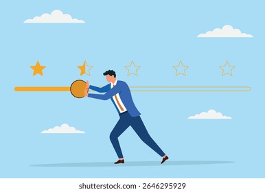 Vector illustration of a businessman pushing the review bar from good to bad, representing challenges, mistakes, and the potential decline in business reputation and customer satisfaction
