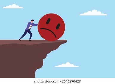Vector illustration of a businessman pushing a sad symbol off the top of a mountain, symbolizing conquering negativity, embracing resilience, and striving for positivity and success
