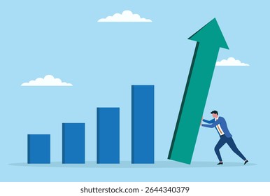 Ilustração vetorial de um homem de negócios empurrando uma barra de seta para cima, simbolizando determinação, esforço e a unidade para alcançar o crescimento dos negócios e o progresso para cima

