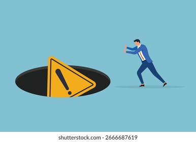 Ilustración vectorial de un hombre de negocios empujando señales de advertencia en un agujero oscuro, simbolizando la evitación de riesgos, ignorando peligros y descuidando advertencias importantes en las decisiones comerciales o personales
