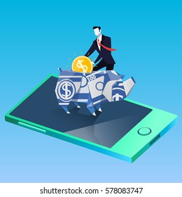 Vector illustration of businessman putting coin into rhino money box, standing on mobile. Rhinoceros symbol of direct sales. Finance, business success, savings concept design element in flat style