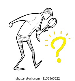 Vector illustration of businessman and question mark, business research concept, simple black and white doodle