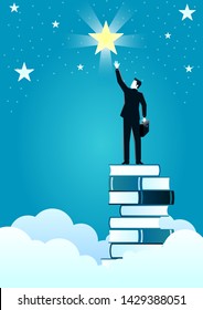 vector illustration of a businessman reach out for the stars by using books as the platform. describe reach successful in business. business concept illustration