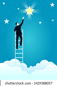 vector illustration of a businessman reach out for the stars. describe reach successful in business. business concept illustration