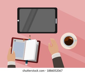 Vector illustration of a businessman reading the latest news from a wifi system tablet.There are notes and coffee on the table.