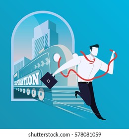 Vector illustration of businessman with red ribbon running away from train with Corporation lettering. He faces a danger. Business risk concept design element in flat style