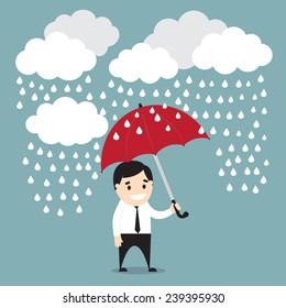 Vector illustration of businessman with red umbrella in the rain with clouds. Safety concept.Flat design