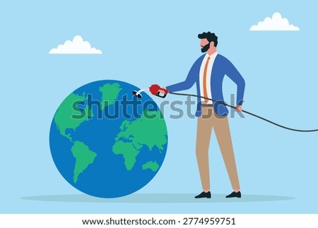 Vector illustration of a businessman refueling planet earth with a fuel nozzle symbolizing global energy supply, control and economic dependence on fossil fuel resources
