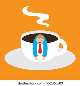 A vector illustration of a businessman relaxing inside a cup of coffee showing the concept of a coffee break.