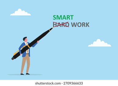 Ilustração vetorial de um empresário substituindo o trabalho árduo pelo trabalho inteligente, simbolizando o pensamento estratégico, a eficiência e escolhendo abordagens mais inteligentes para melhor produtividade e sucesso
