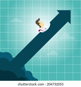 Vector illustration of a businessman riding an arrow.