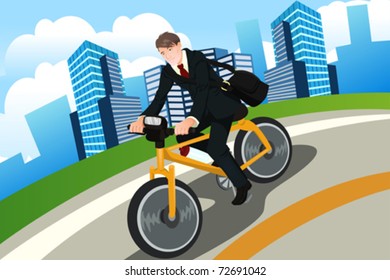 A vector illustration of a businessman riding a bicycle