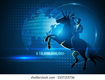 Vector illustration of a businessman riding a decacorn, the term decacorn is for company who have a valuation of more than 10 billion dollars 