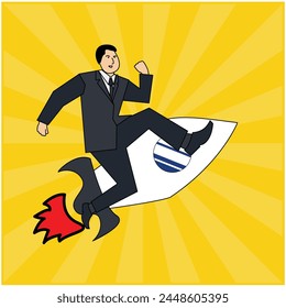 vector illustration of a businessman riding a rocket to fly his business