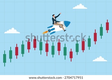 Vector illustration of a businessman riding a rocket above rising candlestick charts, symbolizing financial growth, market success, investment gains, and upward momentum
