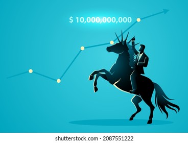 Vector illustration of a businessman riding a unicorn, the term unicorn is for company who have a valuation of more than 10 billion dollars 