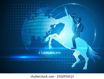 Vector illustration of a businessman riding a unicorn, the term unicorn is for company who have a valuation of more than 1 billion dollars
