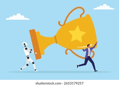 Vector illustration of a businessman and robot carrying a large trophy, representing the triumph achieved through teamwork between human ingenuity and artificial intelligence
