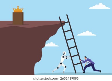Ilustración vectorial de un hombre de negocios y un robot levantando una escalera para alcanzar una corona en un acantilado, simbolizando el trabajo en equipo entre los humanos y la IA que luchan por el éxito y el liderazgo
